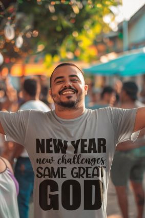 Embrace the New Year in Style with Our 'New Year New Challenge Same Great God' T-Shirt - Choose Your Material and Color Now!