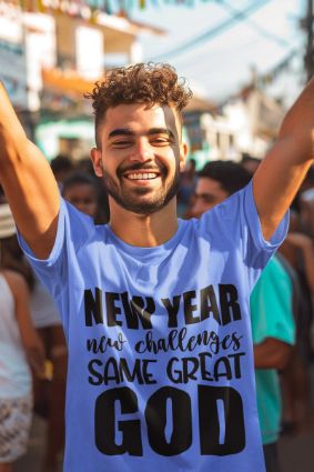 Embrace the New Year in Style with Our 'New Year New Challenge Same Great God' T-Shirt - Choose Your Material and Color Now!